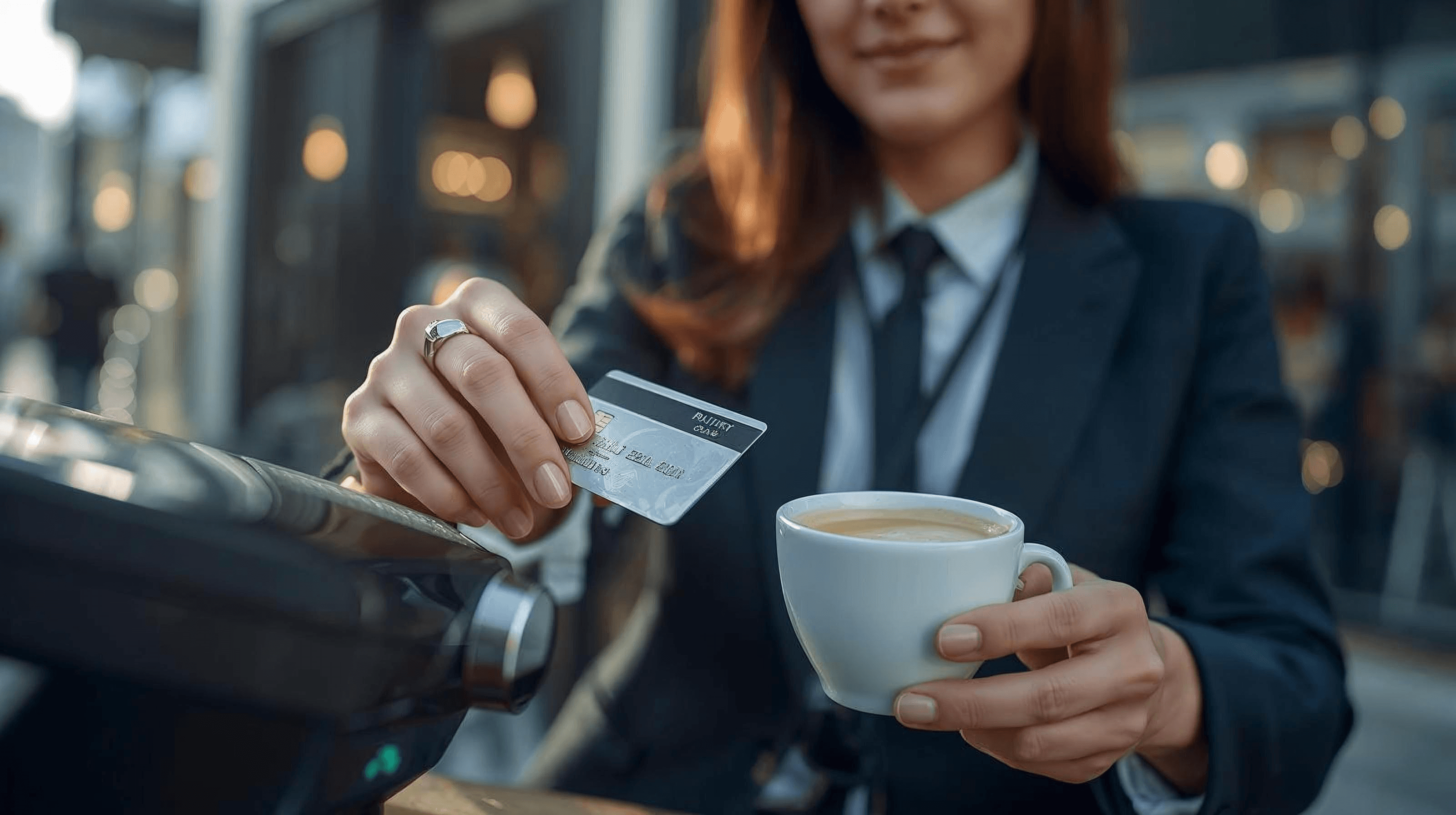 Close-up of a hand holding a sleek titanium debit card making a contactless payment at a coffee shop terminal.