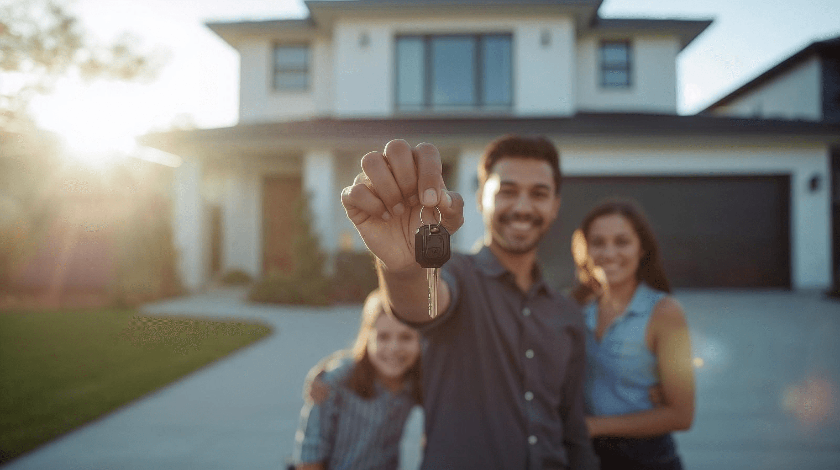 Family in front of new house