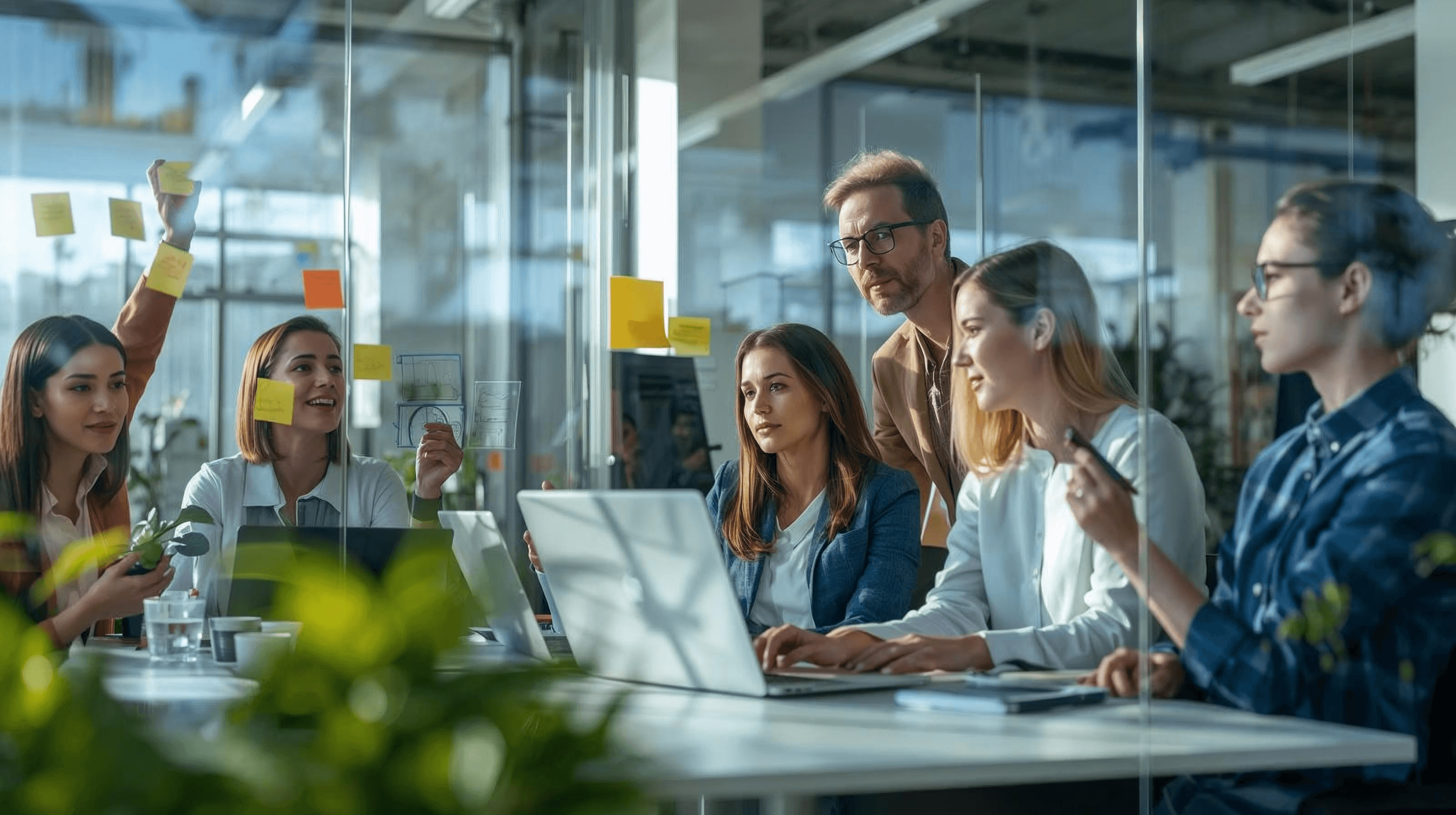 Happy diverse team working in a modern office