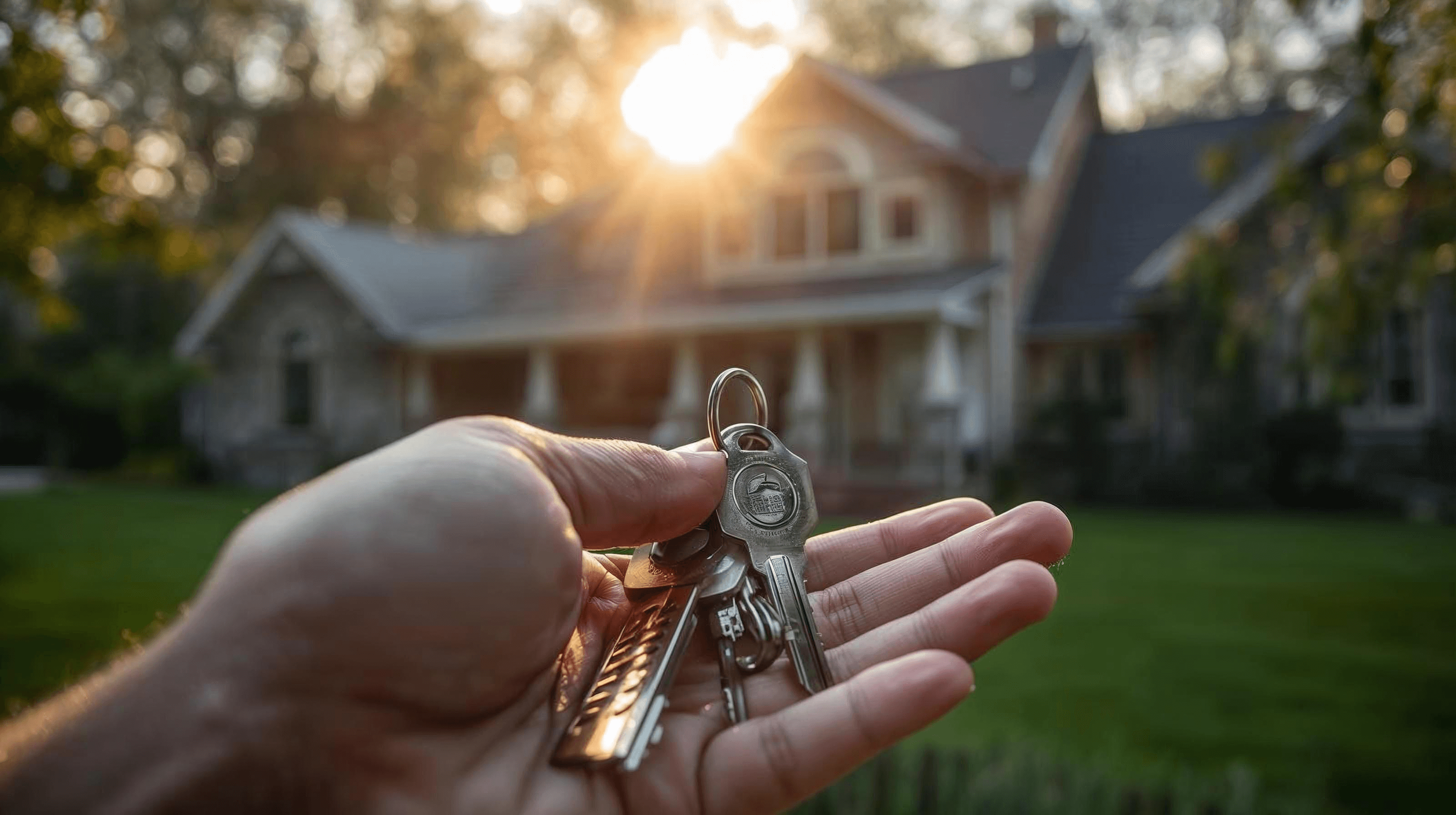 Hand holding house keys in front of a new home