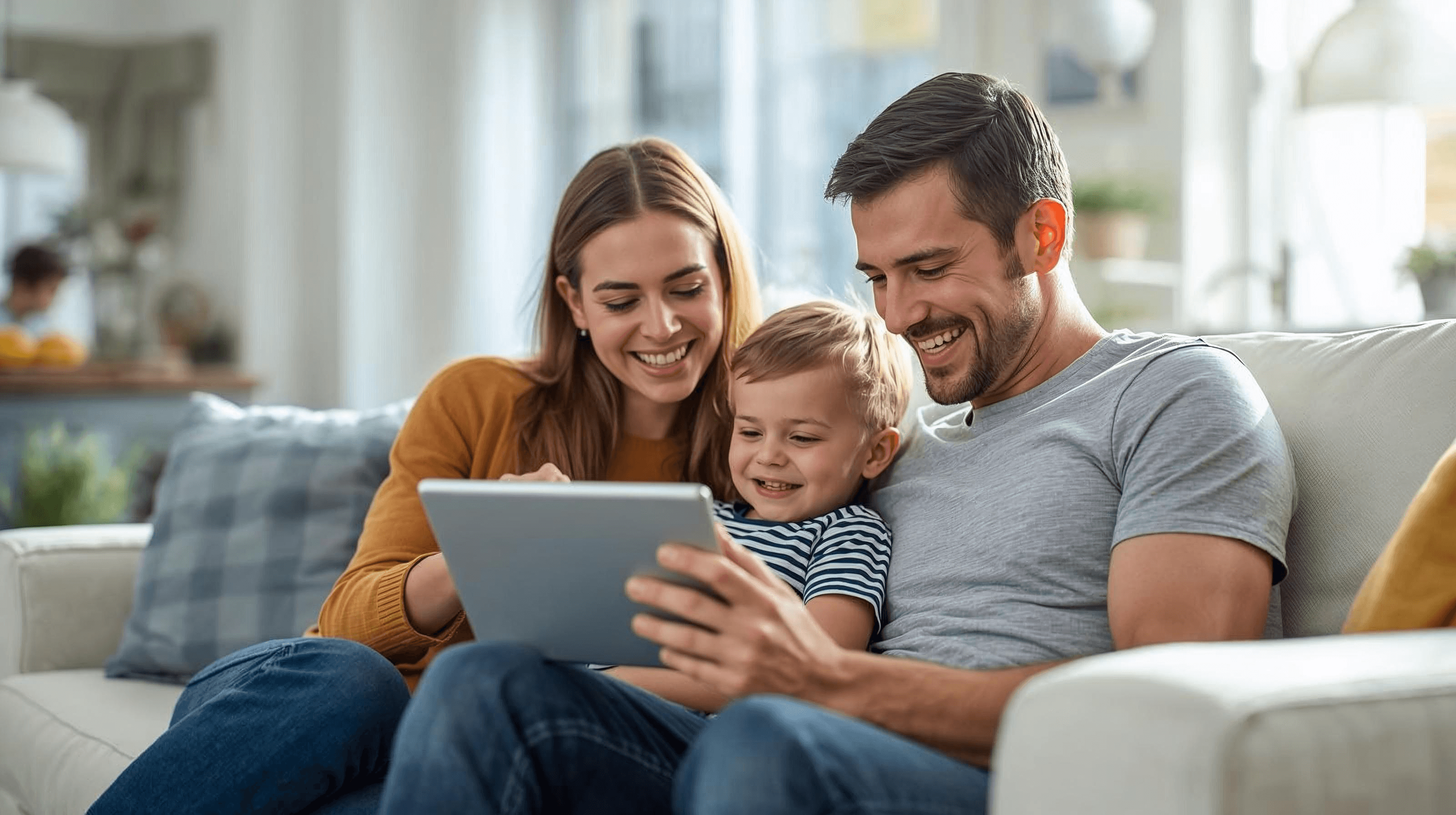 Happy family checking their finances and banking together on a tablet at home.