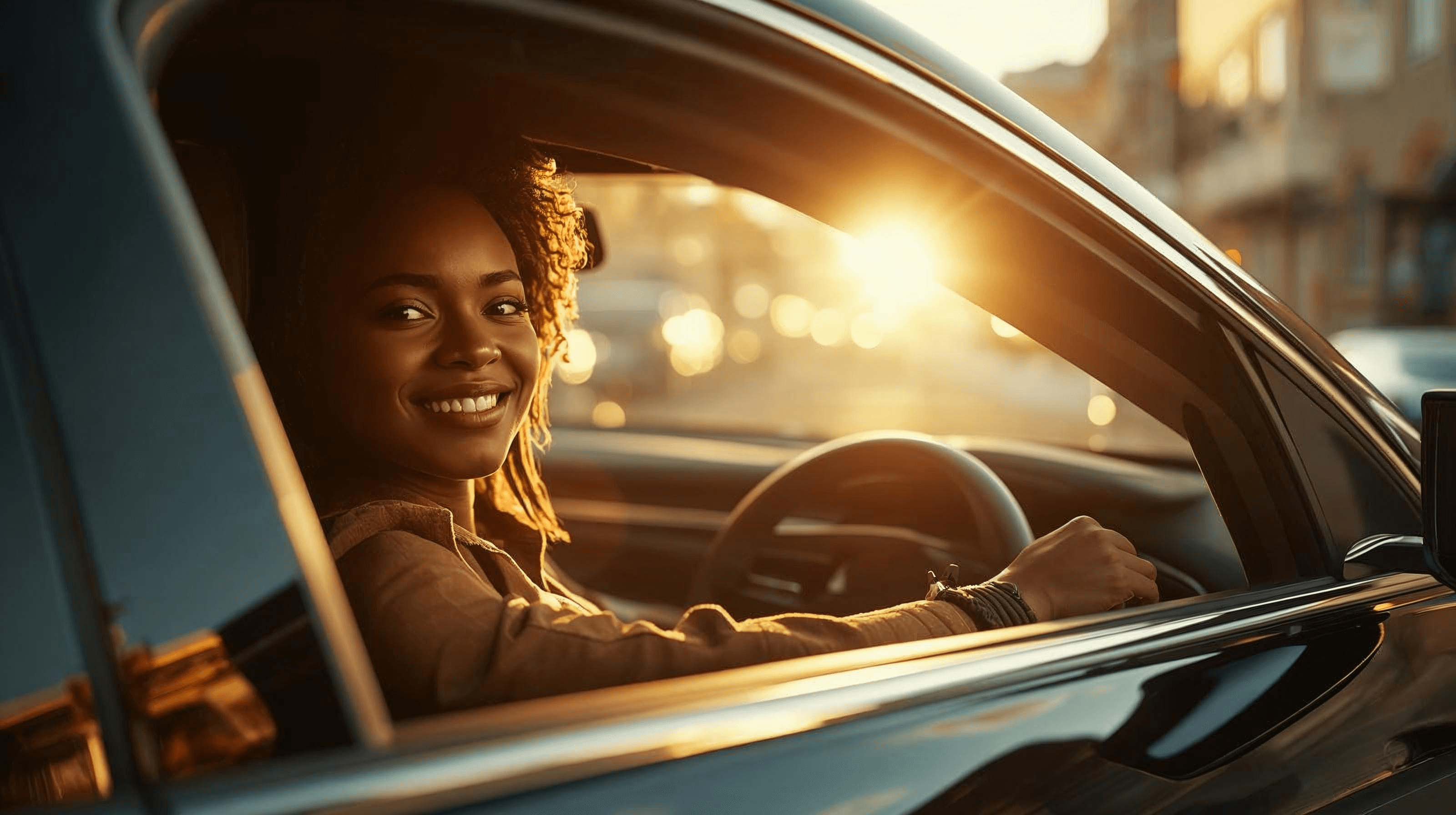 Woman driving a new car with window down