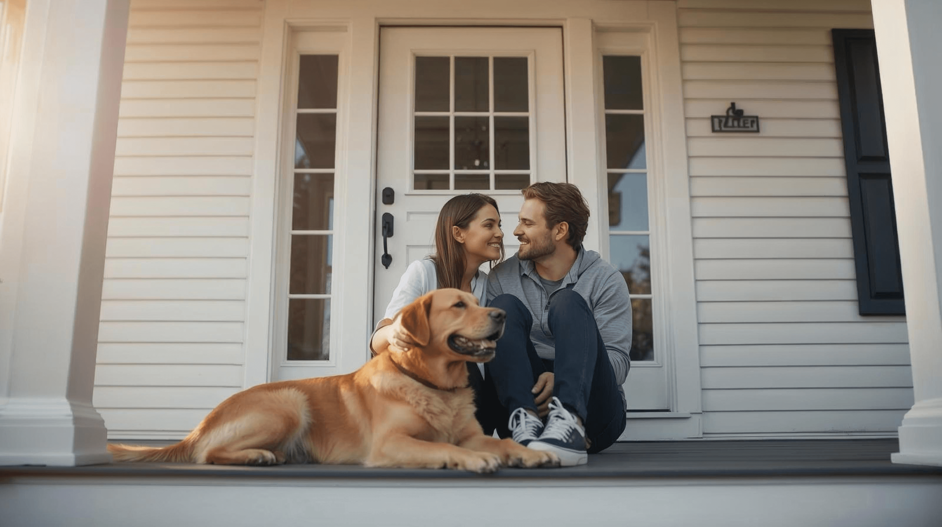 Happy couple standing in front of their new house