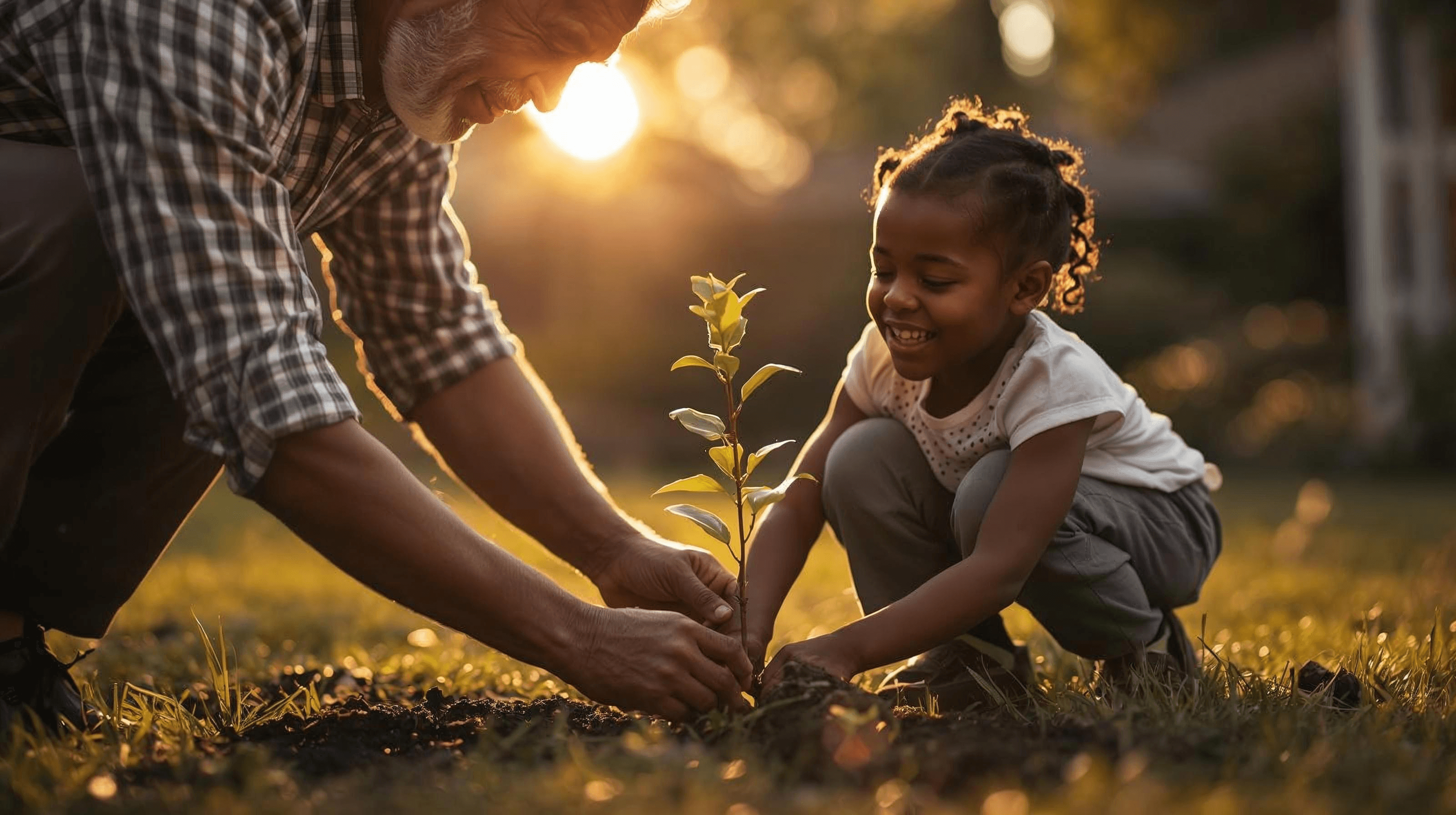 Grandfather planting tree with granddaughter