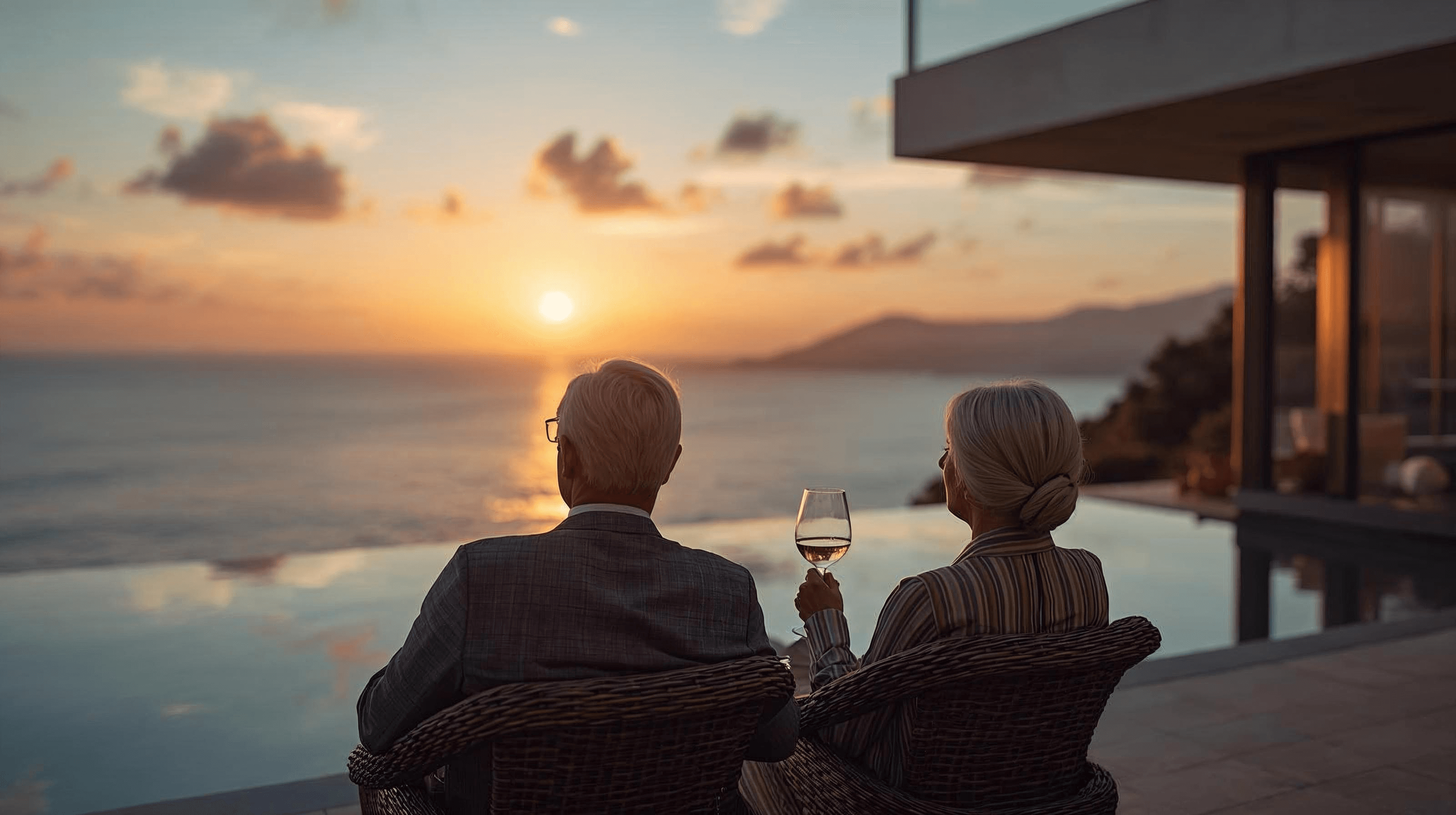 Retired couple enjoying sunset on a boat